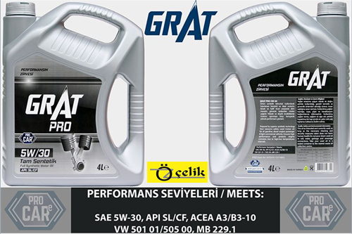 MOTOR YAĞI 5W30 4 LİTRE TAM SENTETİK API SL / CF GRAT MARKA